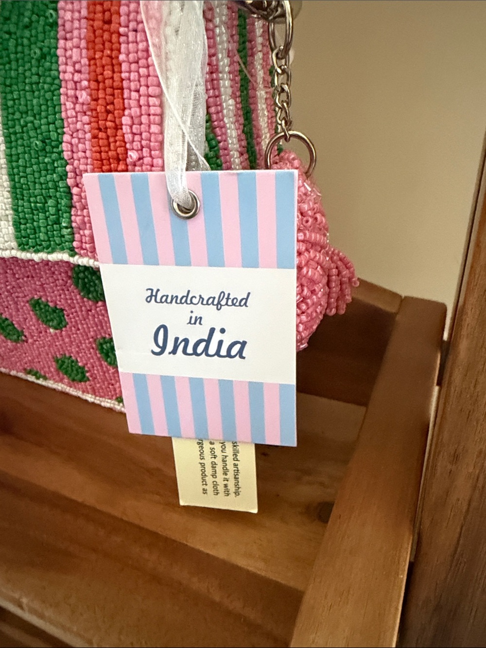 Pink and Green Beaded Crossbody Bag with Pom Accent - Picture 2 of 3